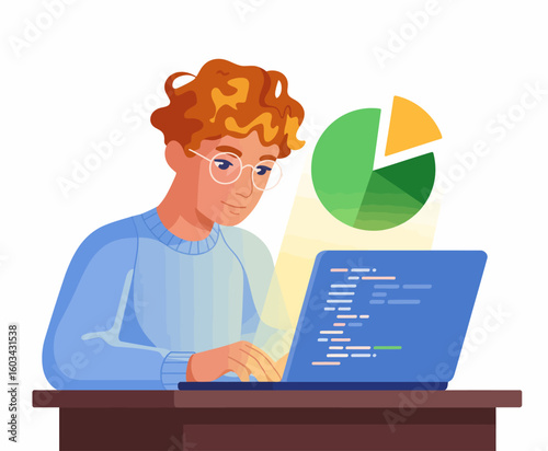This image depicts a young coder working intently on a laptop with data visuals, embodying the spirit of innovation, technology, and the analytical mindset of the modern age.