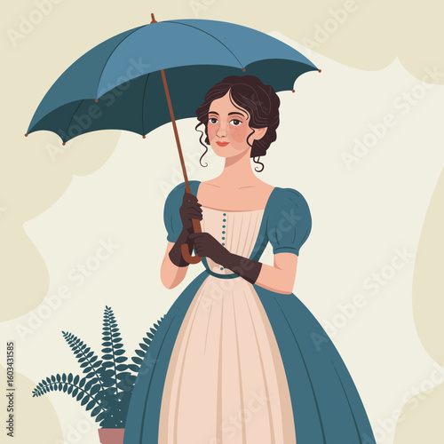 An illustration of an elegant woman in a vintage dress holding an umbrella, evoking nostalgia, grace, and the timeless beauty of traditional fashion aesthetics.
