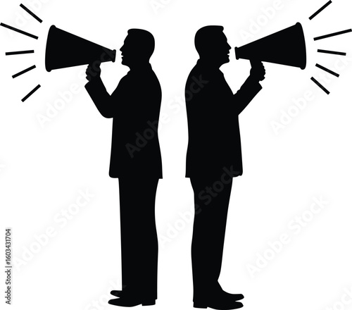 Silhouette of two businessmen shouting with megaphones, communication conflict, disagreement concept, business argument, black and white illustration, confrontation scene