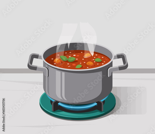 A steaming pot of vibrant vegetable soup simmering on the stove creates an inviting scene of home cooking and the warmth of shared meals with loved ones.