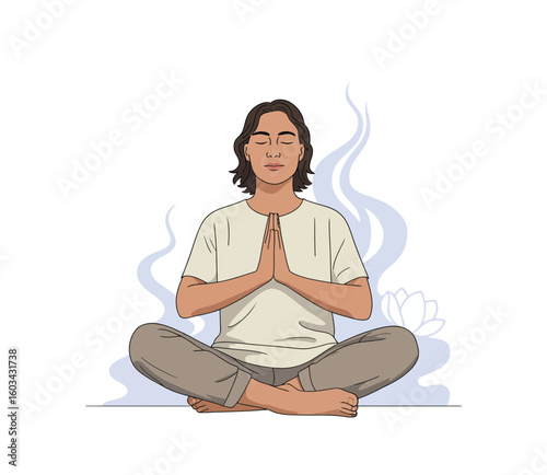 An individual peacefully meditating embodies calmness and introspection, surrounded by soft designs, inviting mindfulness and emotional balance in an everyday setting.