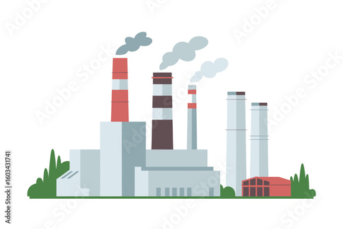 A stylized illustration of an industrial power plant featuring tall smokestacks and greenery surrounding it, emphasizing the blend of industry and nature in the landscape.
