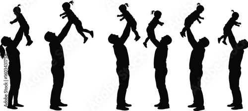 Silhouette of parents lifting children, happy family moments, parenting love, father daughter bonding, joyful childhood, parental care, playful parenting.

