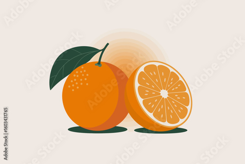 A vibrant depiction of fresh oranges, one whole and one cut in half, illustrating the fruit's juicy texture, vibrant color, and appeal in a visually pleasing and artistic manner.