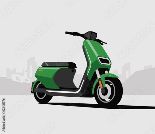 This contemporary image showcases a sleek green electric scooter designed for urban commuting, highlighting modern transportation solutions and eco-friendly travel choices in the city.