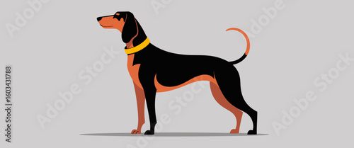 A striking illustration of a black dog with a vibrant yellow collar standing tall, symbolizing loyalty, confidence, and the companionship of pets in our lives.