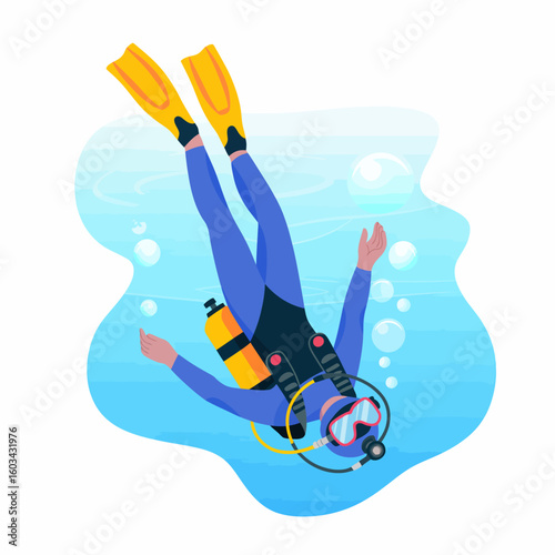 A scuba diver maneuvers underwater amidst bubbles, highlighting the thrill of exploration and the beauty of marine life beneath the ocean's surface.