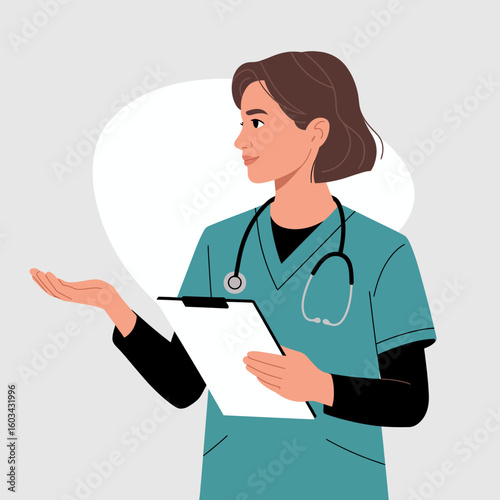 A modern illustration of a healthcare professional holding a clipboard, conveying confidence and professionalism within the medical field for clinical and educational purposes.