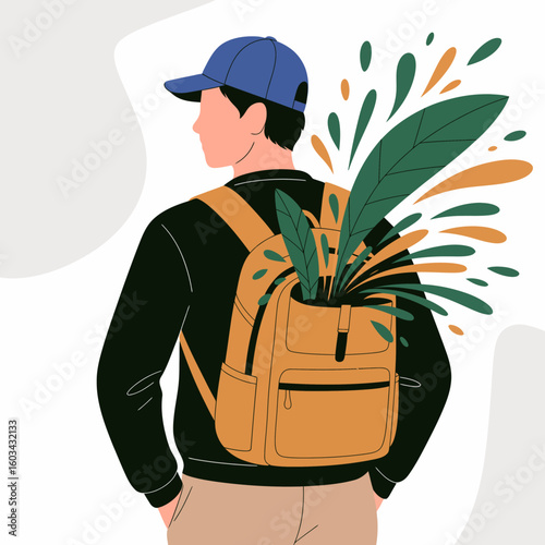 A modern backpack adorned with vibrant green plants, symbolizing a connection to nature and a trendy lifestyle, reflecting a sense of adventure and environmental consciousness.