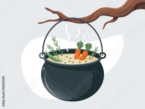 A dark cauldron hangs from a branch, filled with vibrant vegetables and herbs, simmering enticingly, evoking thoughts of culinary magic and hearty stews in a whimsical context.
