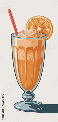 A vibrant illustration of a delicious orange drink topped with whipped cream and garnished with a slice, perfect for summer refreshments.