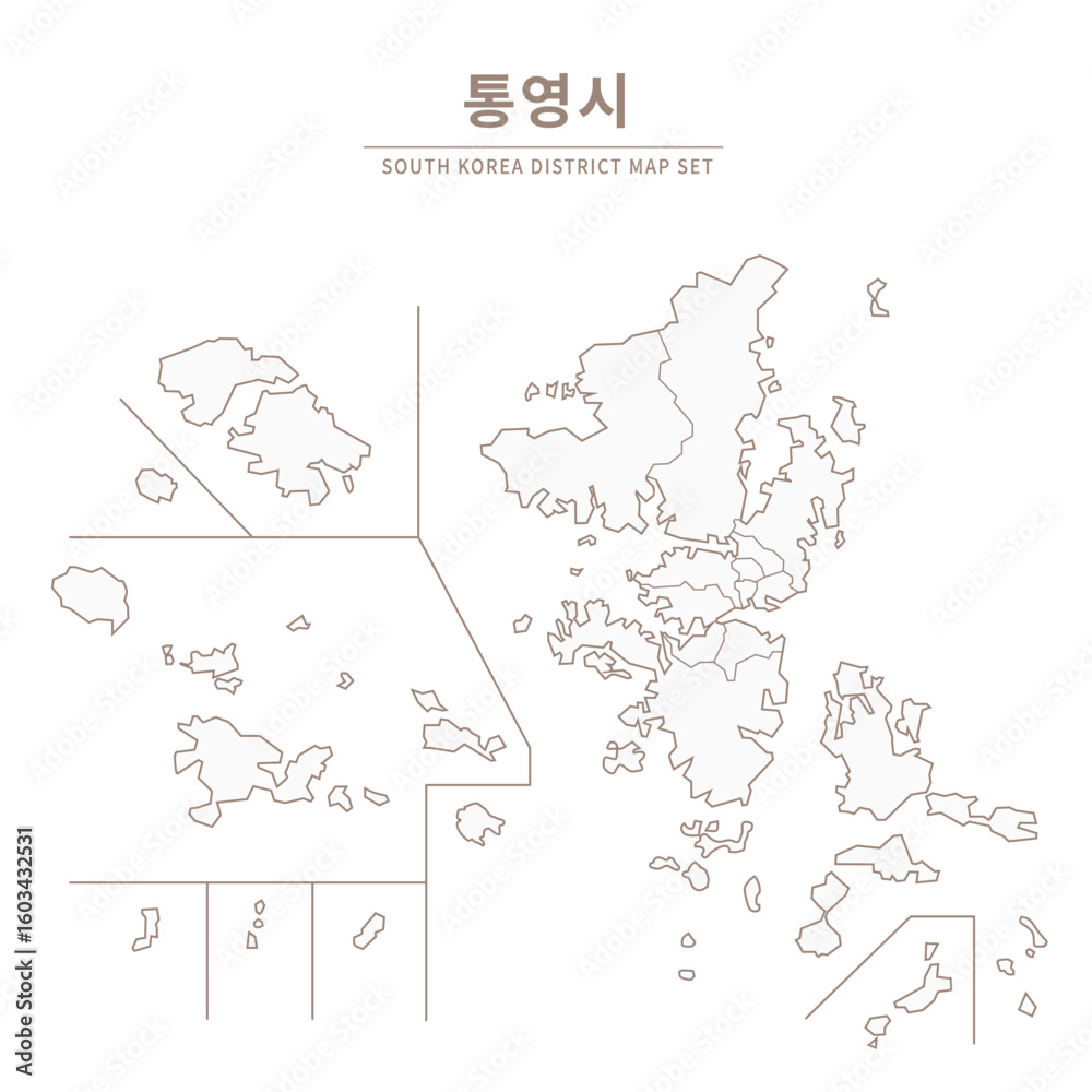 Naklejka premium Tongyeong-si Line Map. Illustration of Local Cities in Gyeongsang-do, South Korea