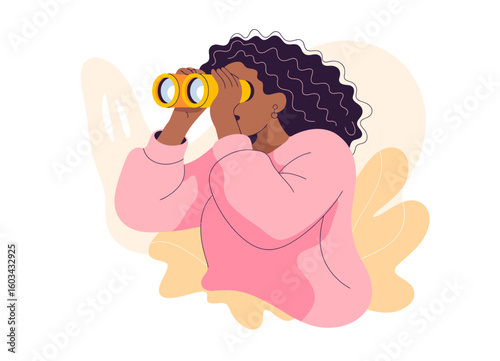 A woman with curly hair peers through yellow binoculars, embodying curiosity and exploration, rendered in a playful artistic style that evokes wonder and discovery.
