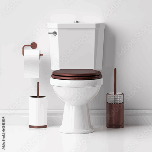 A sleek white toilet with a copper accent, accompanied by a toilet brush and a stylish holder, showcasing contemporary bathroom design with a touch of elegance.