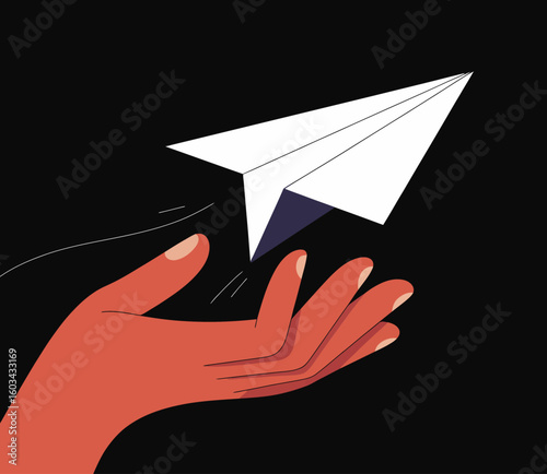 A hand delicately releasing a paper airplane into the air against a dark backdrop, representing dreams, aspirations, and freedom of imagination.
