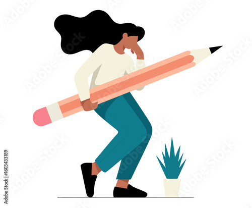 This whimsical illustration depicts a thoughtful woman carrying an oversized pencil, symbolizing creativity, inspiration, and the journey of nurturing ideas through personal contemplation.