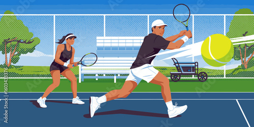 An energetic tennis match scene featuring two players in a competitive stance, highlighting the excitement, movement, and strategy inherent in the sport.