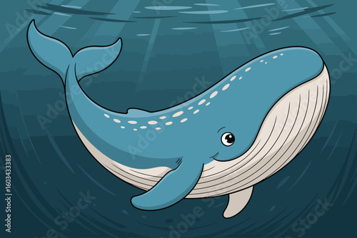 A friendly blue whale glides gracefully underwater, showcasing the beauty of marine life, evoking awe and appreciation for nature's grandeur in the deep ocean environment.