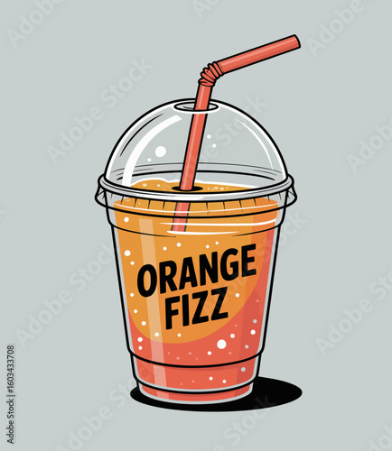 A tantalizing citrus drink named 'Orange Fizz' showcased in a clear cup with a straw, evoking feelings of refreshment and thirst-quenching delight.