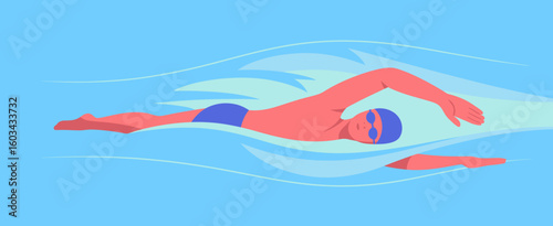 This vibrant illustration depicts a swimmer in full motion, showcasing energy and determination as they glide through turquoise waters, embodying the spirit of athleticism.