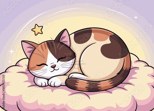 A cute calico cat peacefully sleeps on a fluffy cloud cushion, surrounded by soft colors, evoking warmth and comfort in a whimsical atmosphere.