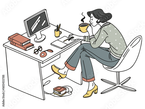 Woman drinking coffee at desk with computer dark hair,