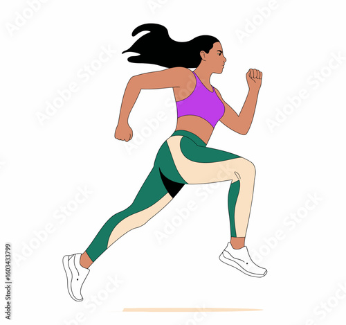A strong woman sprints forward with determination, embodying the spirit of fitness and personal strength in an energetic and stylish athletic outfit hovering in mid-stride.
