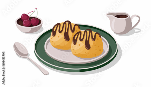 An appetizing dessert plate showcases two sweet treats drizzled with chocolate, accompanied by cherries and a jug of coffee, ideal for tempting any dessert lover's taste buds.