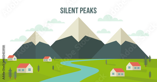 A serene illustration featuring majestic mountains, a flowing river, and quaint houses, capturing the beauty of nature and the tranquility of rural living in the great outdoors.