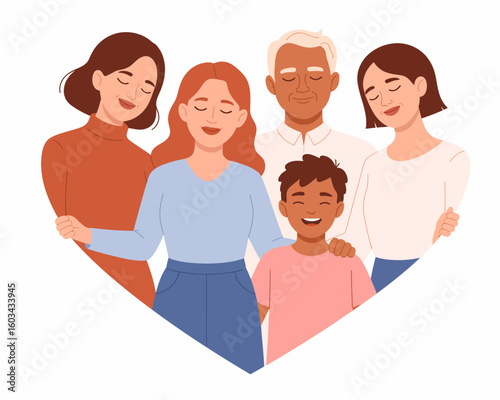 A joyful family portrait captures the essence of love, connection, and togetherness, showcased in a heart shape to symbolize their strong bond and happy moments.