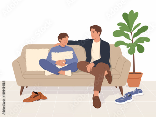 A heartwarming scene of a couple sitting closely on a cozy sofa, showcasing warmth, affection, and connection in a modern living space with plants.