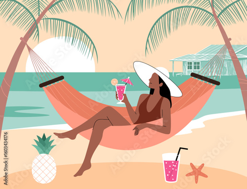 A serene woman lounging in a hammock on a beautiful beach, holding a tropical drink, epitomizing relaxation and leisure in a picturesque paradise.