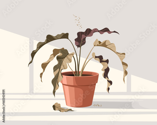 An artistic depiction of a wilted plant in a terracotta pot symbolizes neglect and the passage of time, showcasing an intriguing blend of beauty and decay.