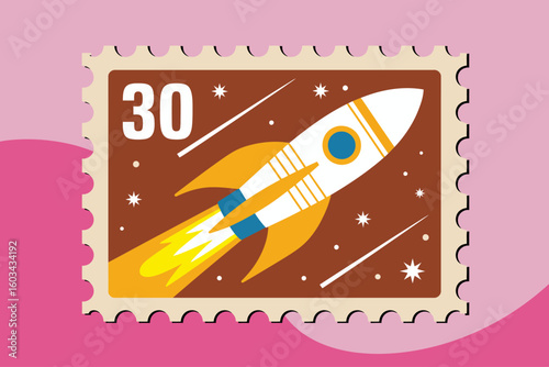 A retro-style stamp design featuring a rocket blasting off against a cosmic backdrop, representing the excitement and wonder of space exploration and adventure.