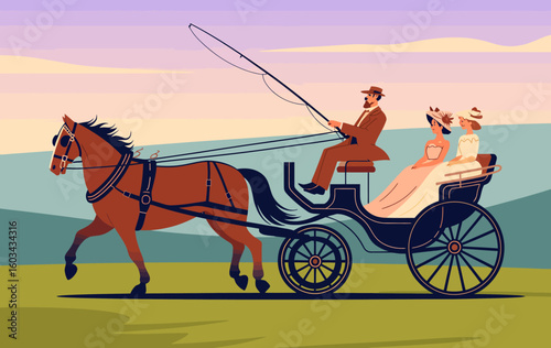 A beautiful horse-drawn carriage ride featuring two elegantly dressed women and a gentleman through a picturesque landscape during a serene evening.