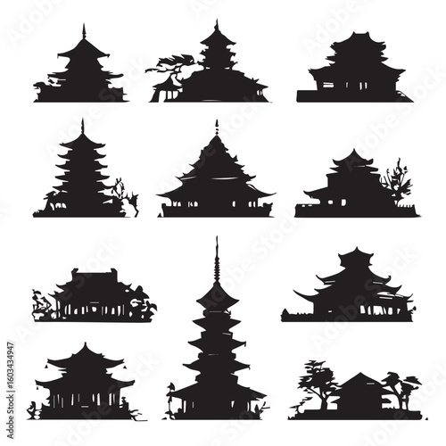 vector illustration of buddhist temple silhouette set, Black & White silhouette set