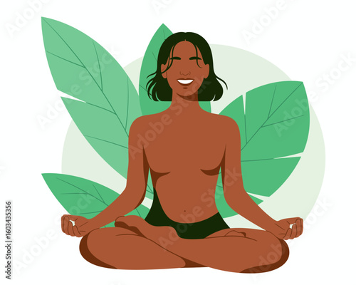 A calm woman meditating in a serene setting surrounded by green leaves, representing tranquility, mindfulness, and the connection between nature and the human spirit.