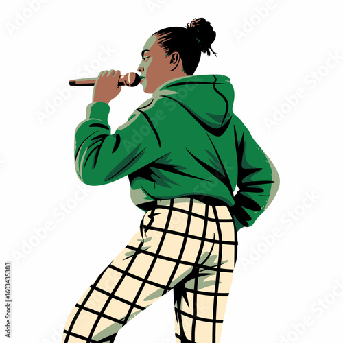 A striking illustration of a female singer in a hoodie energetically performing with a microphone, representing the vibrant spirit of music and artistic expression.