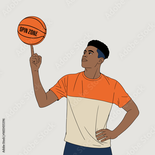 A determined young athlete skillfully spins a basketball on his finger, showcasing his talent and focus, while wearing a vibrant orange and cream sports outfit.