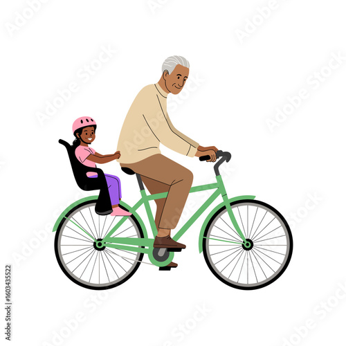 A joyful scene of a grandparent riding a bicycle with a child safely seated behind, representing joy, love, and the bond between generations in a playful outdoor setting.
