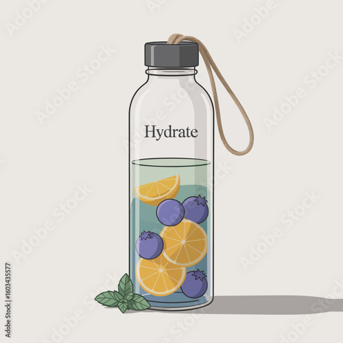 A stylish transparent water bottle filled with mint, blueberries, and orange slices, encouraging hydration and wellness through fresh, flavorful ingredients.