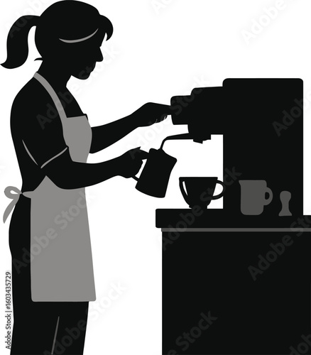 Woman barista making coffee with espresso machine silhouette vector illustration art design graphic