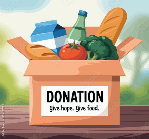 A donation box filled with essentials like food items and beverages represents charity and community support, aiming to help those in need while promoting food security and kindness.