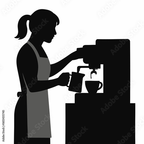 Silhouette of woman making espresso coffee with machine in cafe or restaurant barista art design
