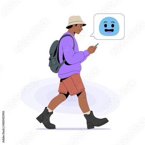 A young man dresses casually while strolling with a backpack, smiling at his phone, representing the connection between technology and everyday life in the modern world.
