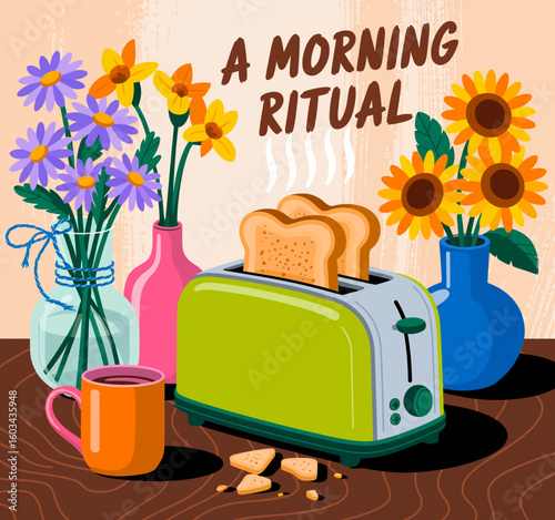 A cheerful morning scene featuring a toaster, steaming toast, and vibrant flowers in colorful vases, creating a warm and inviting atmosphere for breakfast.