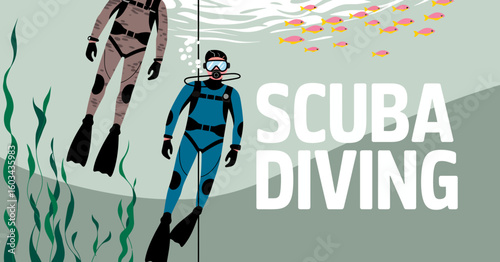 Two scuba divers equipped with diving gear explore the serene underwater environment, surrounded by fish and plants, highlighting adventure and marine life.