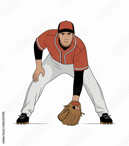 A baseball player crouched in a ready position, showcasing athletic posture and focus, prepared to make a defensive play in a clearly defined sports environment.