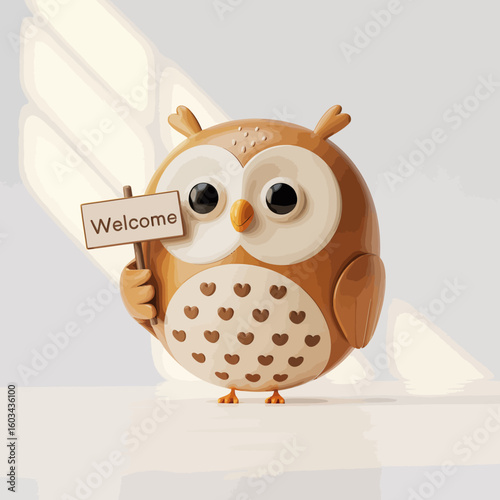 A delightful cartoon owl cheerfully holding a welcome sign, epitomizing friendliness and warmth, adding a touch of charm to any cozy setting, inviting everyone in.