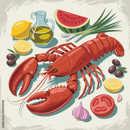 This vibrant image showcases a freshly cooked lobster surrounded by lemons, olives, and various colorful ingredients, highlighting seafood culinary delights.